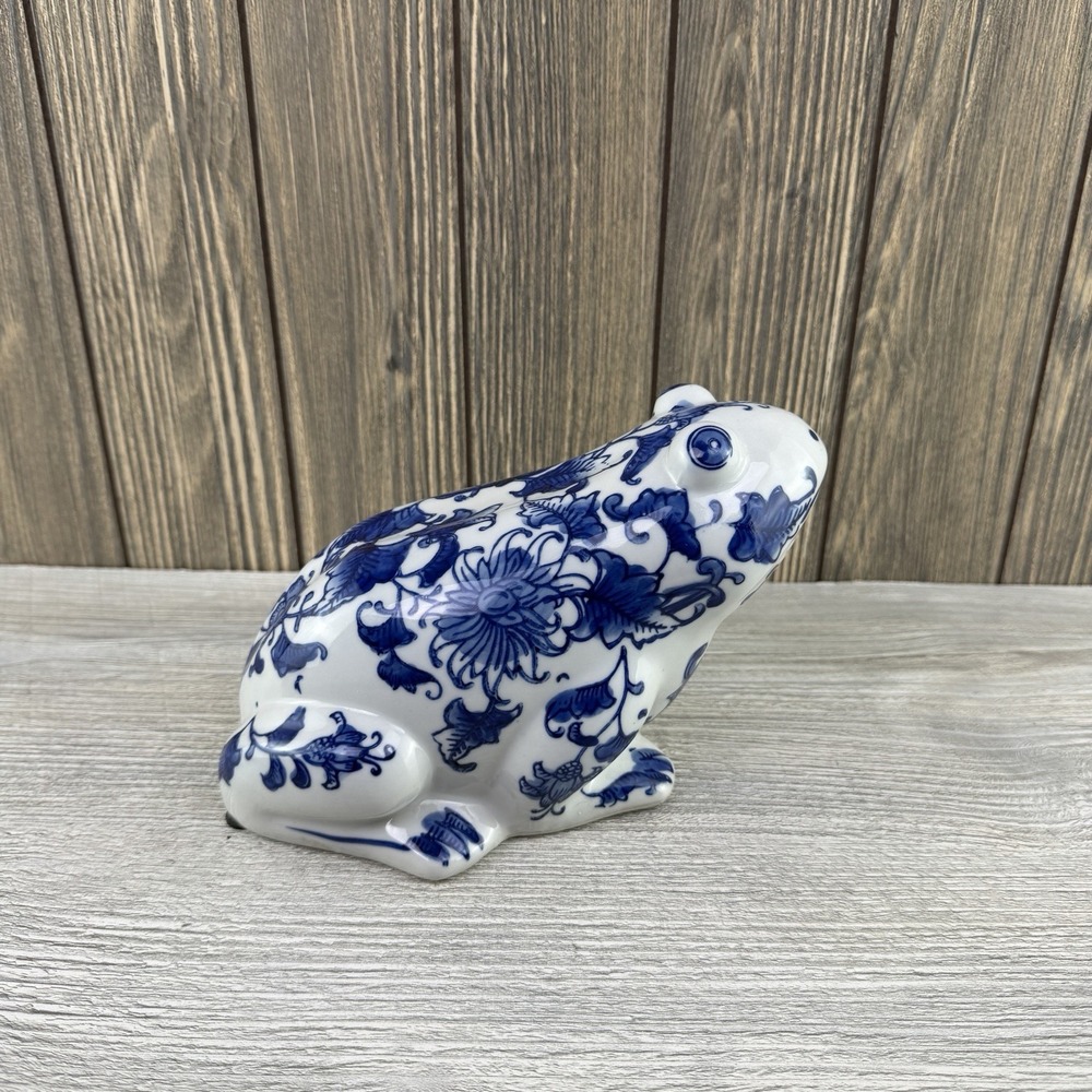 Blue & White Porcelain Frog Figurine with Floral Pattern